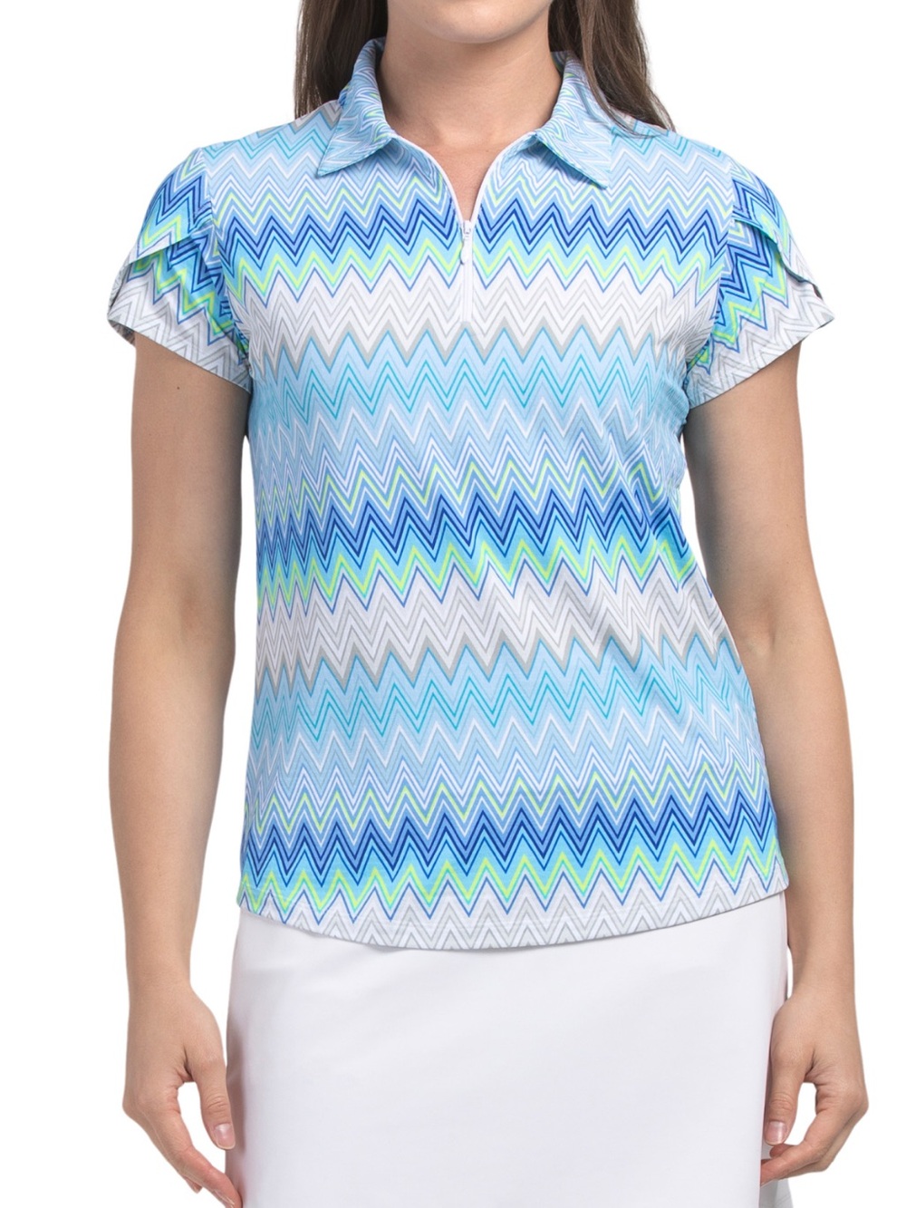 Ibkul Women’s Blue Chevron Short-Sleeve Polo Top Tulip Sleeves